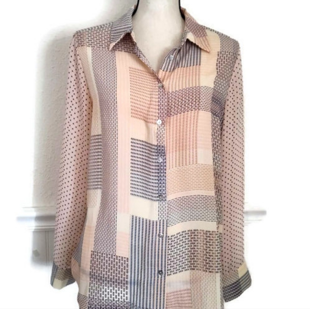 Rose & Olive Semi Sheer Long Sleeve Polka Dot Check Pattern Peach Black & Blue T - Picture 6 of 6